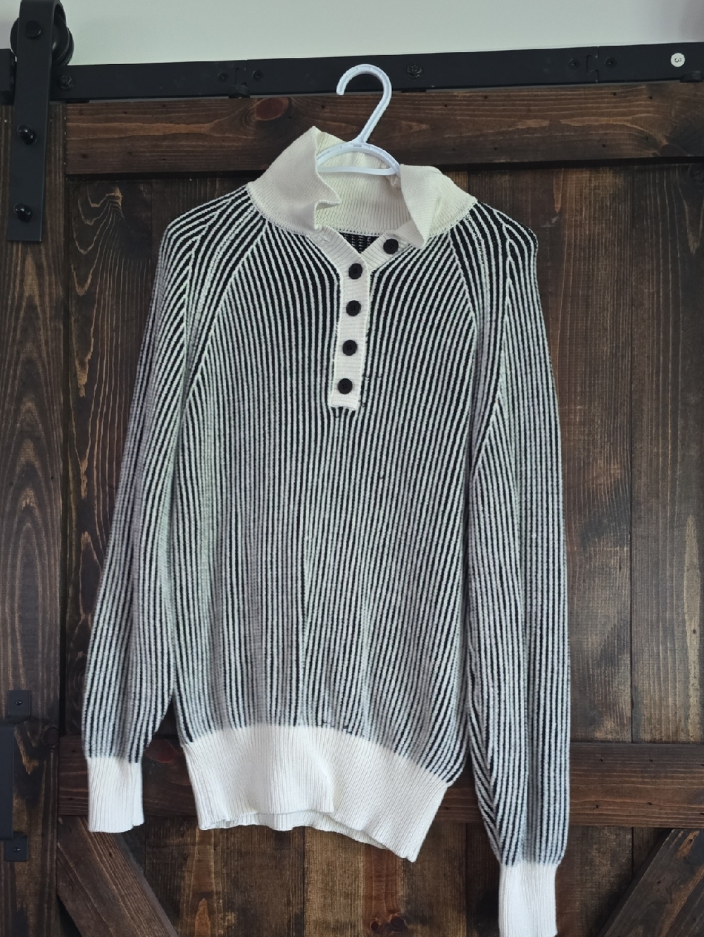 Women’s Black & White Striped Knit Sweater with Button Placket